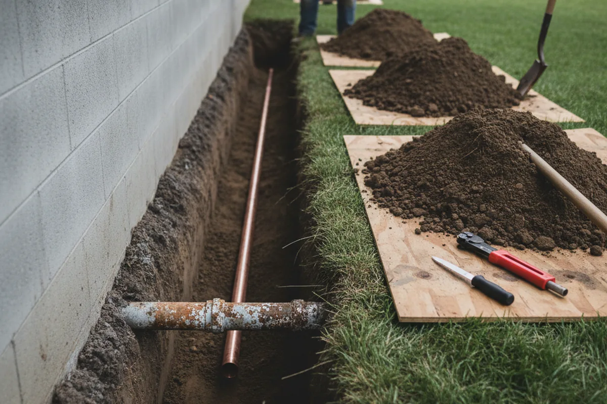 Excavated water line trench during Sewer Line Repair in Studio City